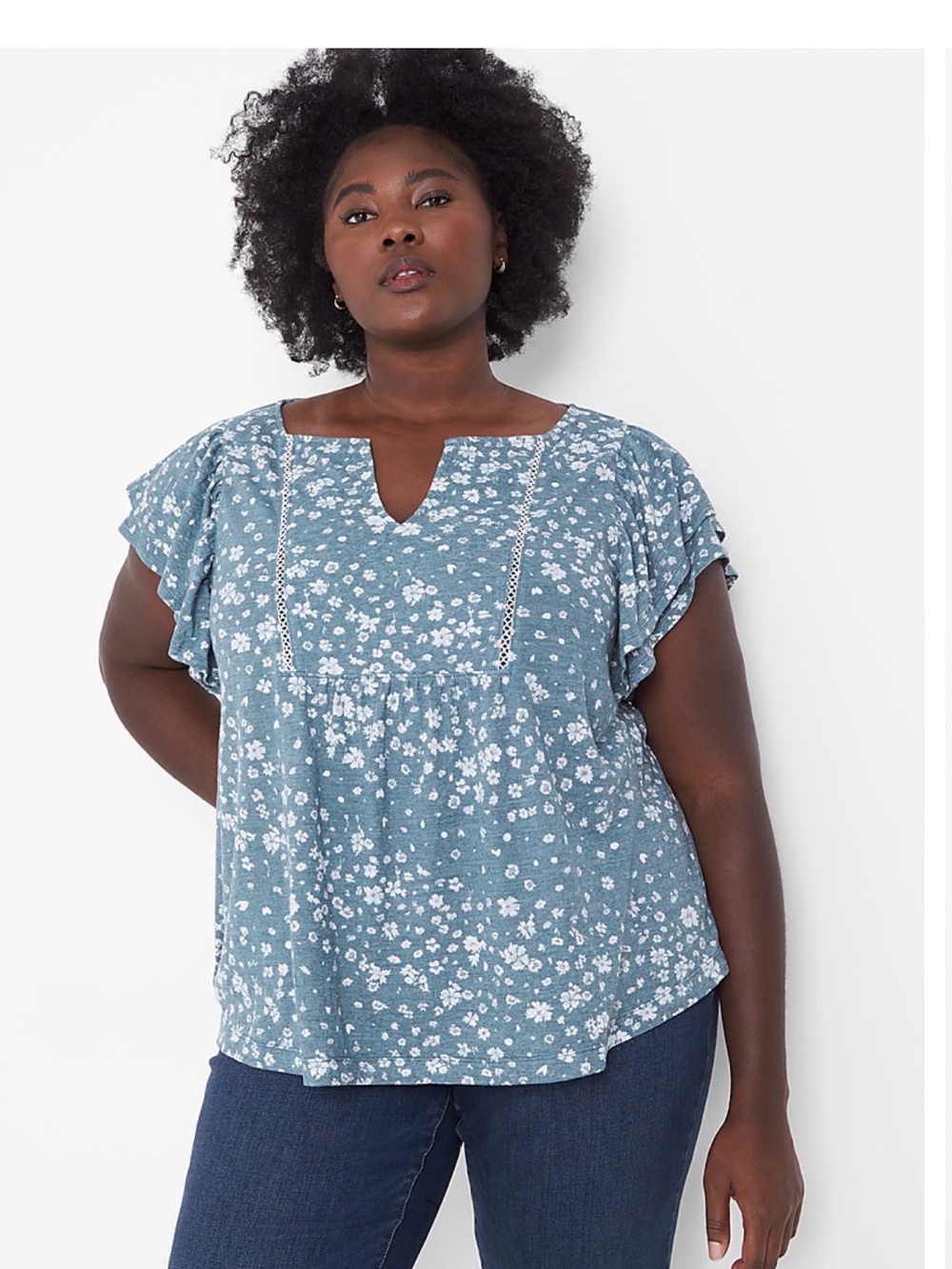 Lane Bryant Blue green Floral Flutter Sleeve V-Neck Top